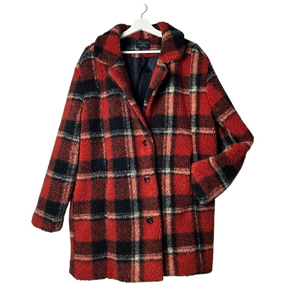 Love Tree Faux Fur Red Plaid Women's Winter Coat Sherpa Fleece Jacket READ SZ L - Picture 8 of 9